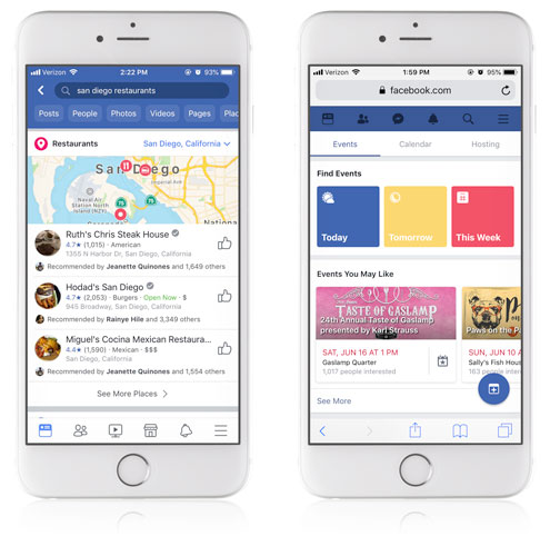 Use Facebook Search to find local restaurants and events. 