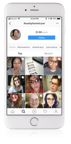 Successful user-generated content example of Warby Parker's #warbyhometryon. 